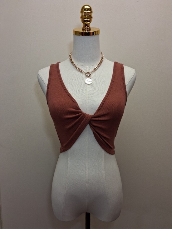 SHEIN Tops - SHEIN Rust Brown Twist Front Ribbed Crop Tank Top Size Small